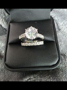 Silver-Tone CZ Solitaire Engagement Ring and Matching Band - Clear